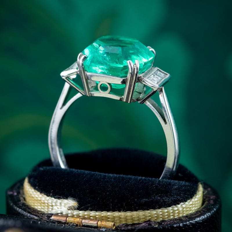 Art Deco Style Emerald Diamond Ring 6.19ct Colombian Emerald With Cert