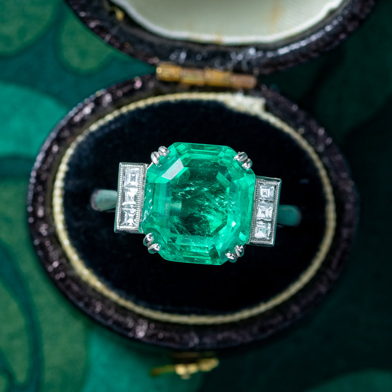 Art Deco Style Emerald Diamond Ring 6.19ct Colombian Emerald With Cert