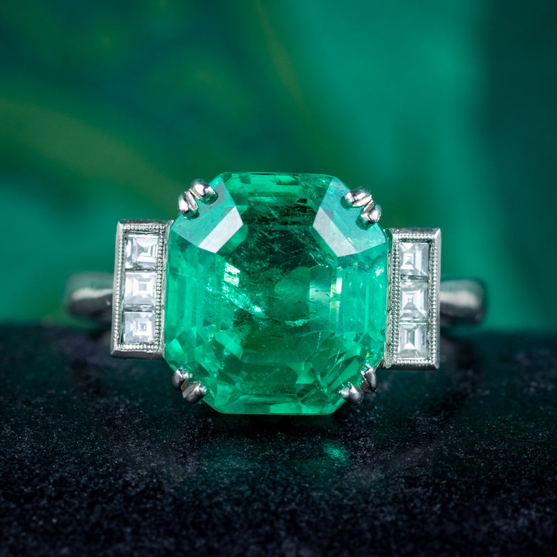 Art Deco Style Emerald Diamond Ring 6.19ct Colombian Emerald With Cert