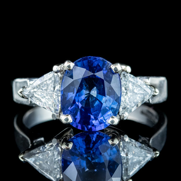 Art Deco Style Sapphire Diamond Trilogy Ring 3.7ct Sapphire With Cert