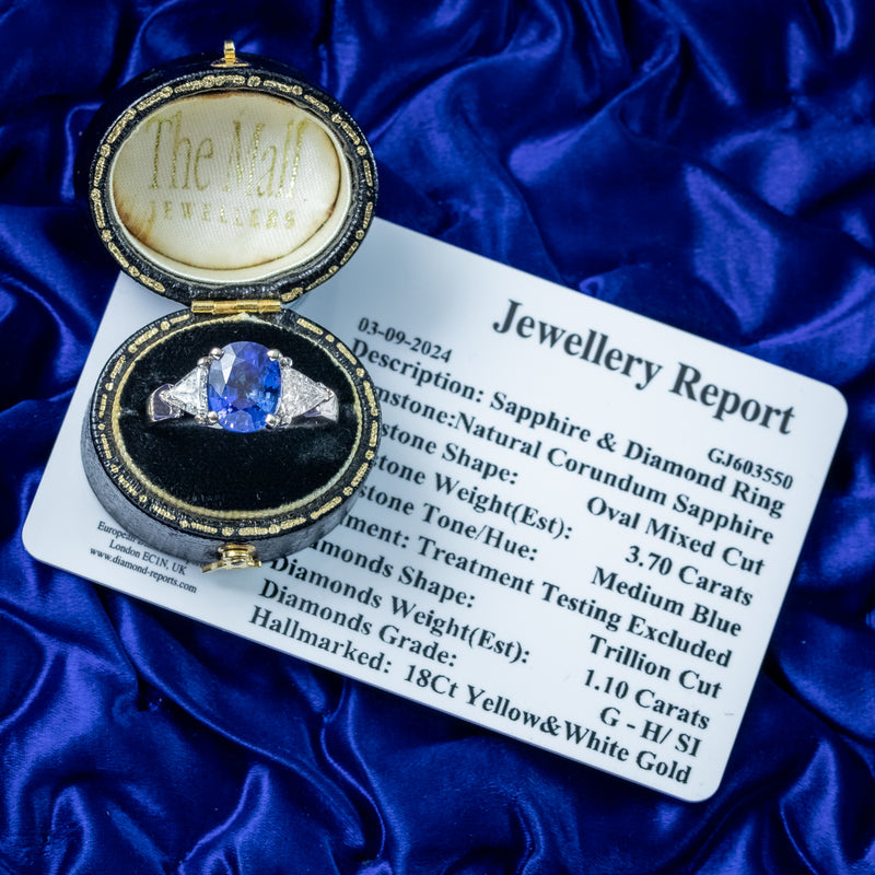 Art Deco Style Sapphire Diamond Trilogy Ring 3.7ct Sapphire With Cert