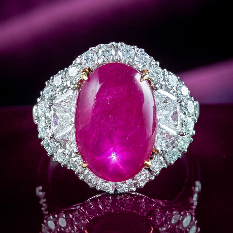 Art Deco Style Star Ruby Diamond Cluster Ring 5.5ct Ruby