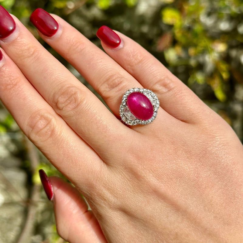 Art Deco Style Star Ruby Diamond Cluster Ring 5.5ct Ruby