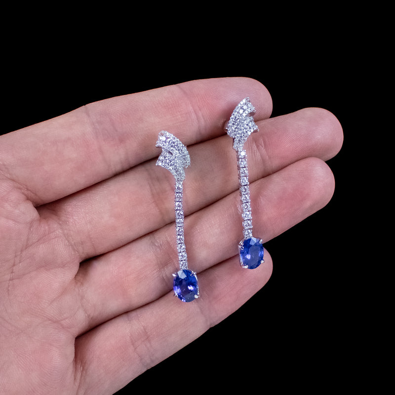 Art Deco Style Ceylon Sapphire Diamond Earrings With Cert And Box