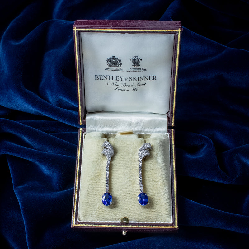 Art Deco Style Ceylon Sapphire Diamond Earrings With Cert And Box