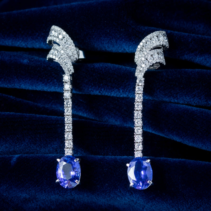 Art Deco Style Ceylon Sapphire Diamond Earrings With Cert And Box