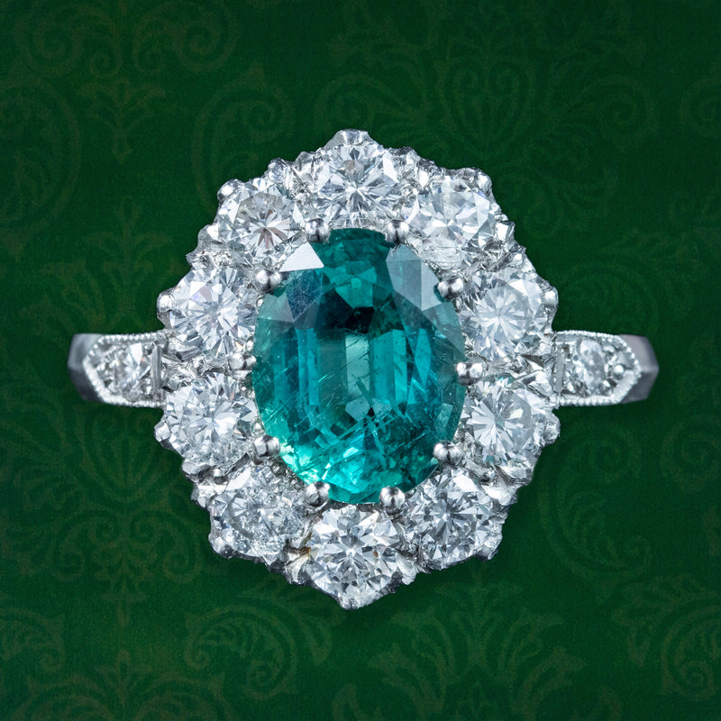 Edwardian Style Emerald Diamond Cluster Ring 1.9ct Emerald