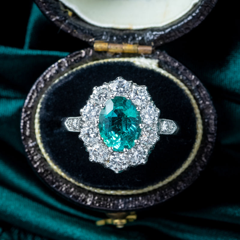 Edwardian Style Emerald Diamond Cluster Ring 1.9ct Emerald