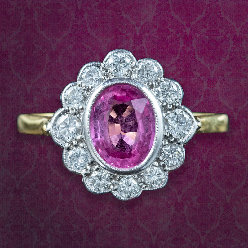 Edwardian Style Pink Sapphire Diamond Cluster Ring 1.5ct Sapphire 