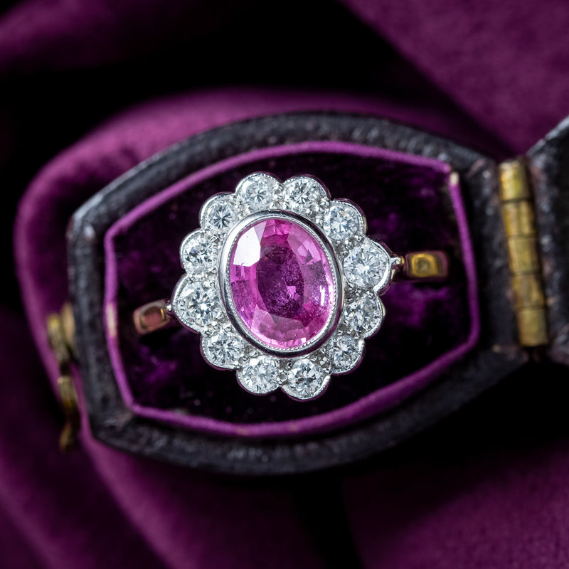 Edwardian Style Pink Sapphire Diamond Cluster Ring 1.5ct Sapphire 