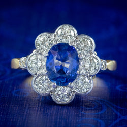 Edwardian Style Sapphire Diamond Daisy Cluster Ring 1.2ct Sapphire