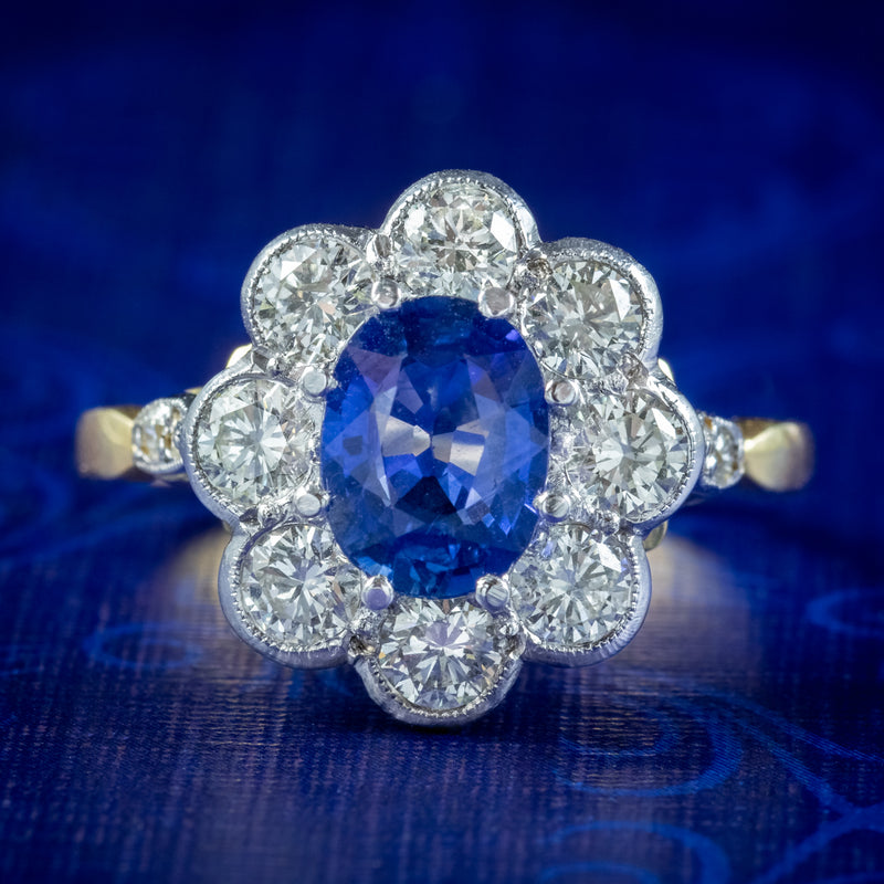 Edwardian Style Sapphire Diamond Daisy Cluster Ring 1.2ct Sapphire