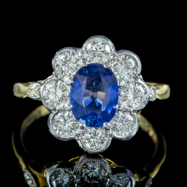 Edwardian Style Sapphire Diamond Daisy Cluster Ring 1.2ct Sapphire