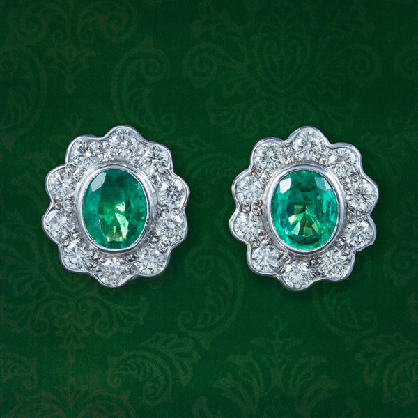 Edwardian Style Emerald Diamond Cluster Earrings 18ct Gold 0.60ct Emeralds 