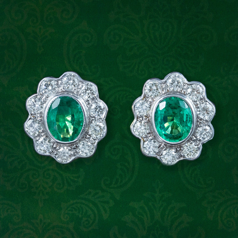 Edwardian Style Emerald Diamond Cluster Earrings 18ct Gold 0.60ct Emeralds 