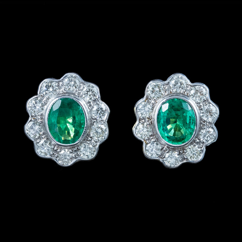 Edwardian Style Emerald Diamond Cluster Earrings 18ct Gold 0.60ct Emeralds 