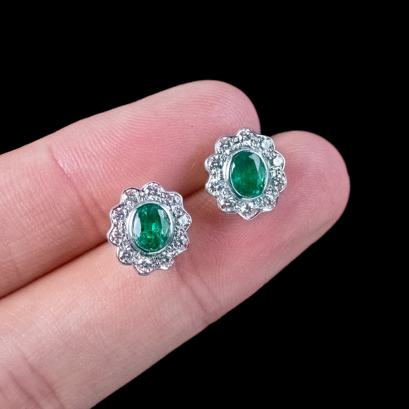 Edwardian Style Emerald Diamond Cluster Earrings 18ct Gold 0.60ct Emeralds 