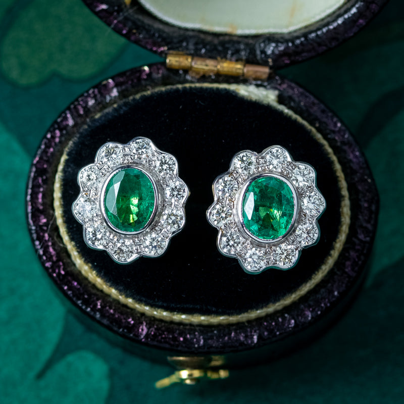 Edwardian Style Emerald Diamond Cluster Earrings 18ct Gold 0.60ct Emeralds 