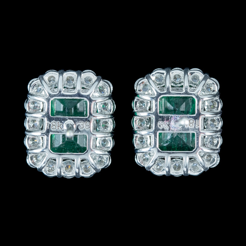 Art Deco Style Emerald Diamond Stud Earrings 18ct Gold 4.28ct Emerald