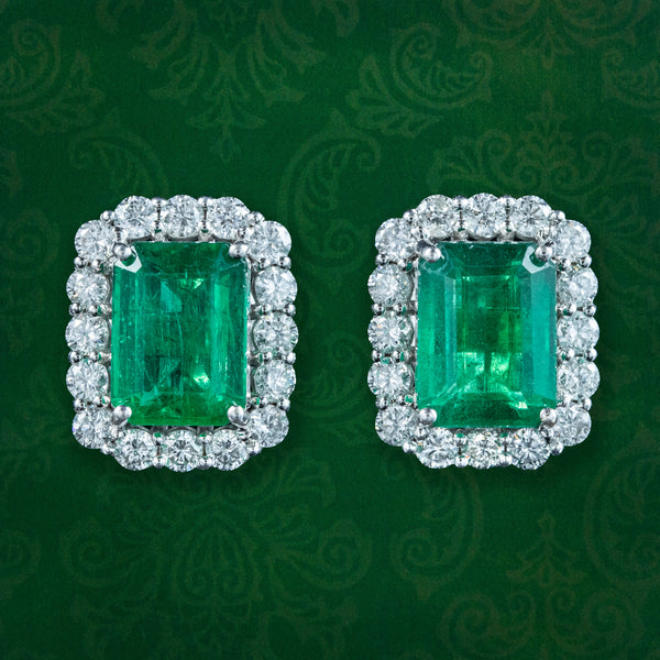 Art Deco Style Emerald Diamond Stud Earrings 18ct Gold 4.28ct Emerald