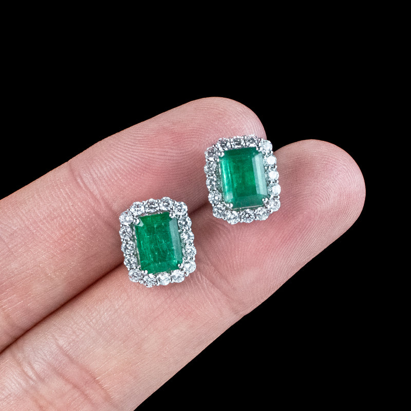 Art Deco Style Emerald Diamond Stud Earrings 18ct Gold 4.28ct Emerald