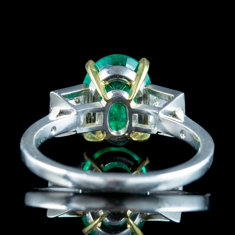 Art Deco Style Emerald Diamond Trilogy Ring 2.51ct Emerald With Cert