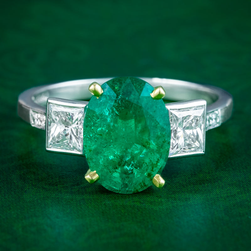 Art Deco Style Emerald Diamond Trilogy Ring 2.51ct Emerald With Cert