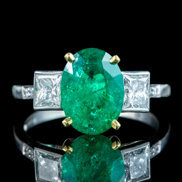 Art Deco Style Emerald Diamond Trilogy Ring 2.51ct Emerald With Cert