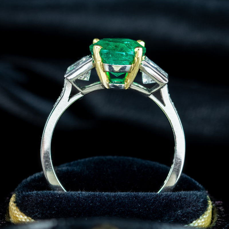 Art Deco Style Emerald Diamond Trilogy Ring 2.51ct Emerald With Cert