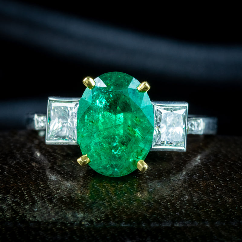 Art Deco Style Emerald Diamond Trilogy Ring 2.51ct Emerald With Cert