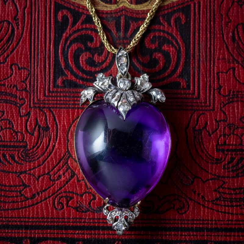 Antique Georgian Amethyst Heart Diamond Pendant Locket Necklace