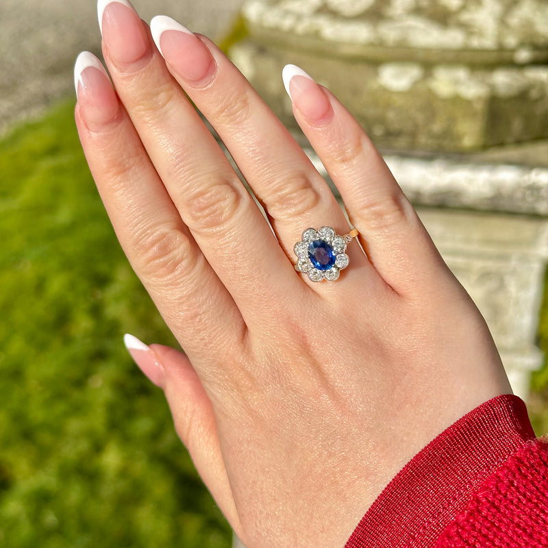 Edwardian Style Sapphire Diamond Daisy Cluster Ring 1.2ct Sapphire