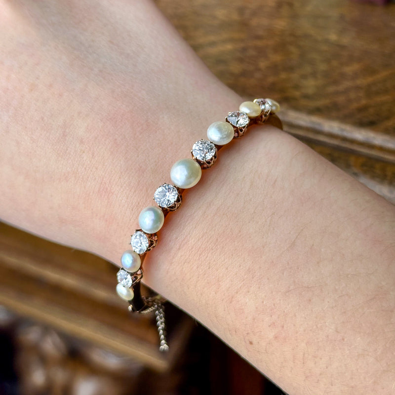 Antique Edwardian Diamond Pearl Bangle 18ct Gold 3.5ct Diamond