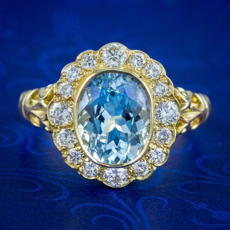 Victorian Style Aquamarine Diamond Cluster Ring 2.5ct Aqua