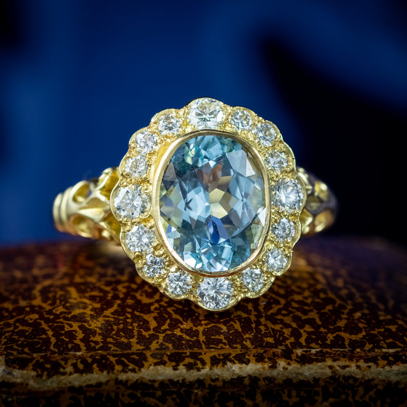 Victorian Style Aquamarine Diamond Cluster Ring 2.5ct Aqua