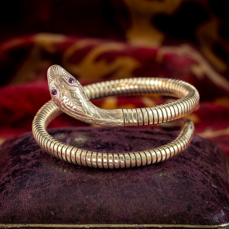 Vintage 9ct Gold Snake Bangle With Ruby Eyes Dated 1975