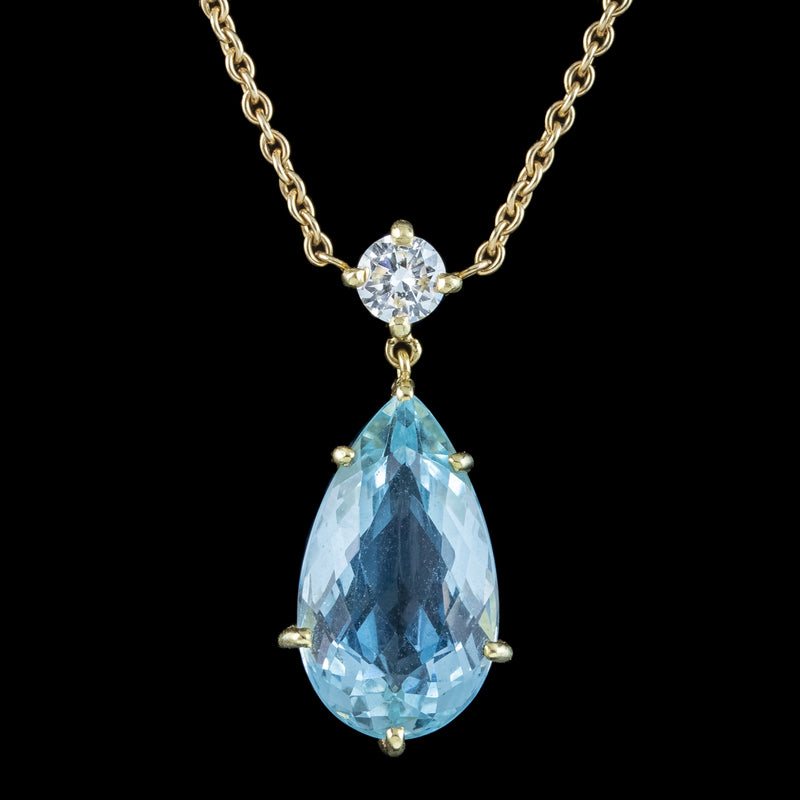 Vintage Aquamarine Diamond Lavaliere Pendant Necklace 18ct Gold