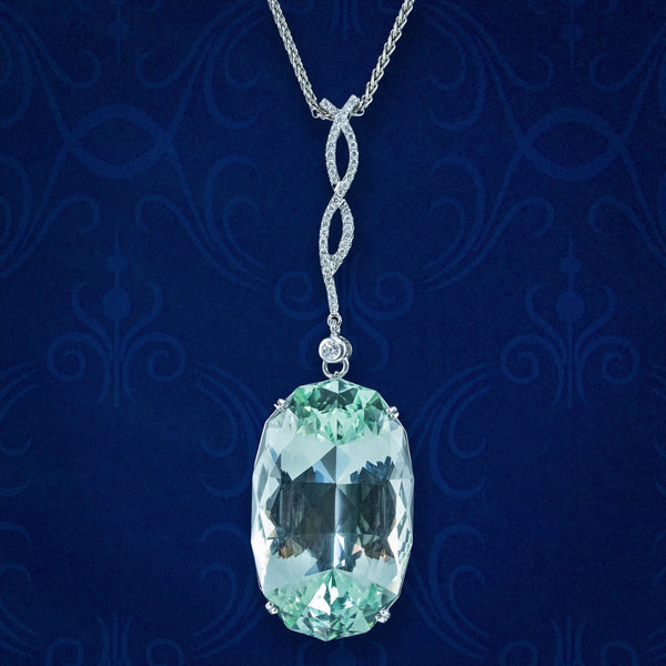 Vintage Aquamarine Diamond Pendant Necklace 18ct Gold 62ct Green Aqua