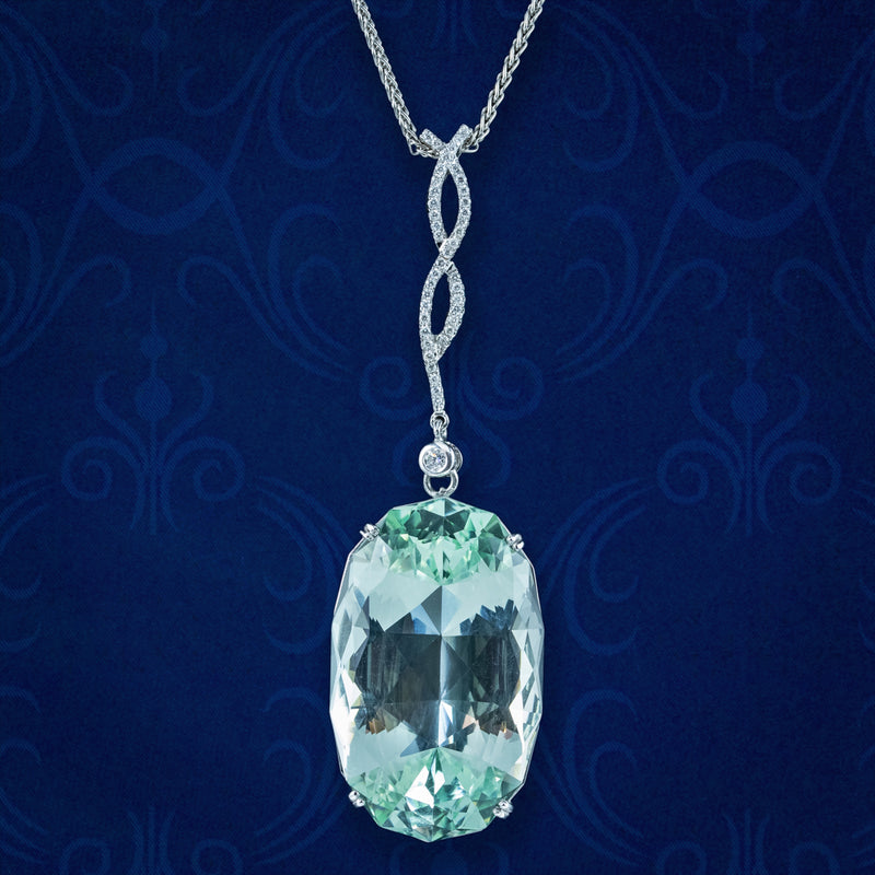 Vintage Aquamarine Diamond Pendant Necklace 18ct Gold 62ct Green Aqua