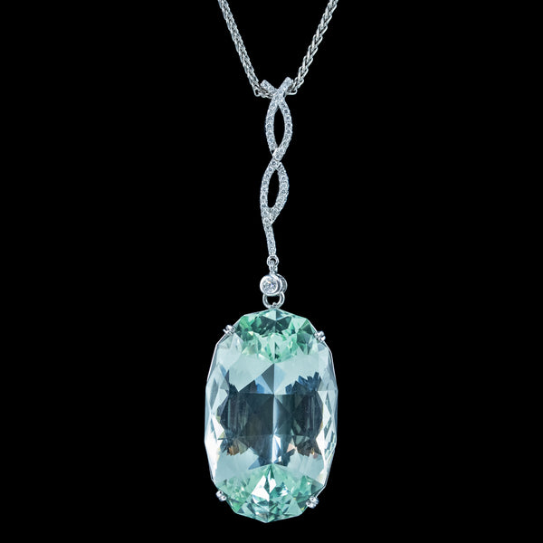 Vintage Aquamarine Diamond Pendant Necklace 18ct Gold 62ct Green Aqua