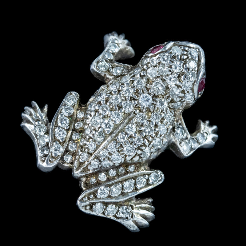 Vintage Diamond Frog Brooch Ruby Eyes 1.5ct Diamond 