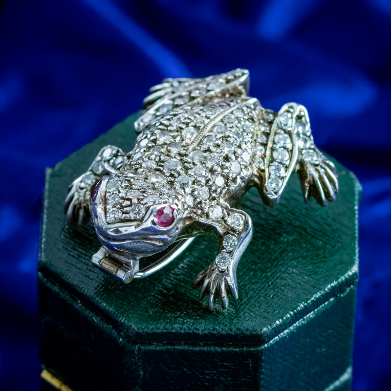 Vintage Diamond Frog Brooch Ruby Eyes 1.5ct Diamond 