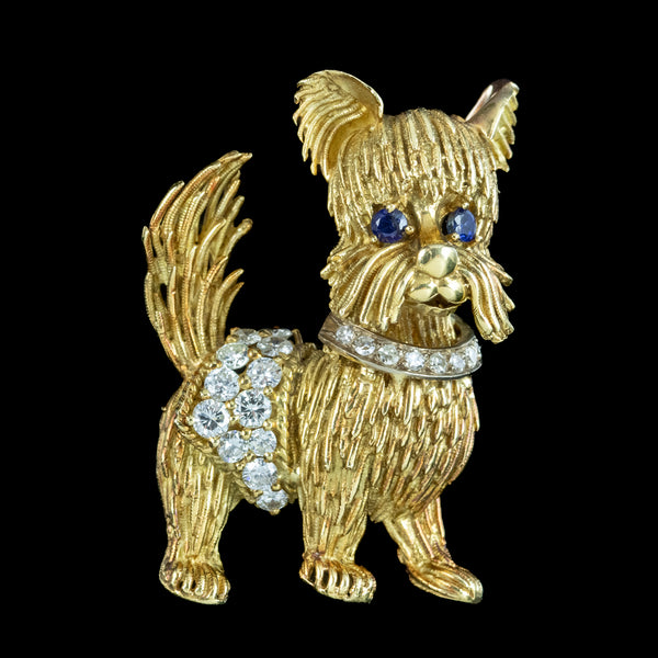 Vintage Diamond Sapphire Dog Brooch 18ct Gold Dated 1964