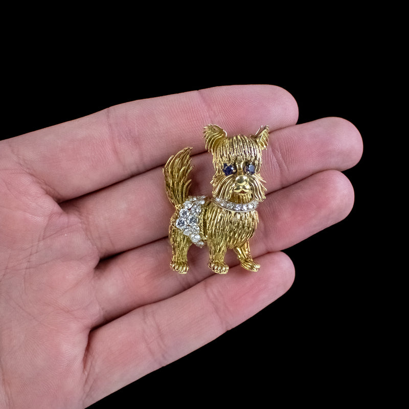 Vintage Diamond Sapphire Dog Brooch 18ct Gold Dated 1964