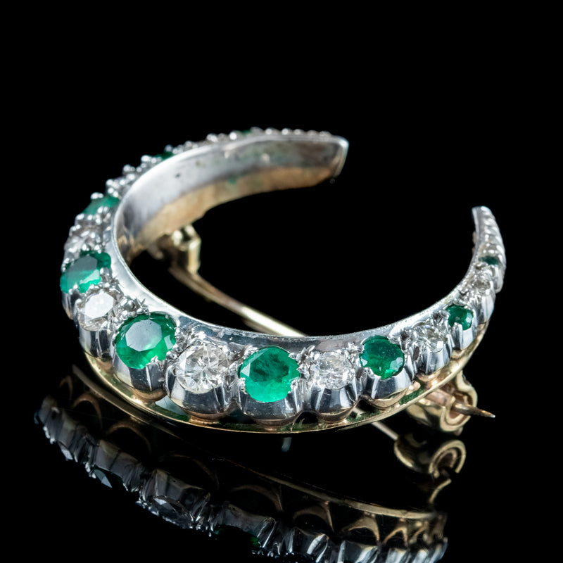 Vintage Emerald Diamond Crescent Moon Brooch 9ct Gold