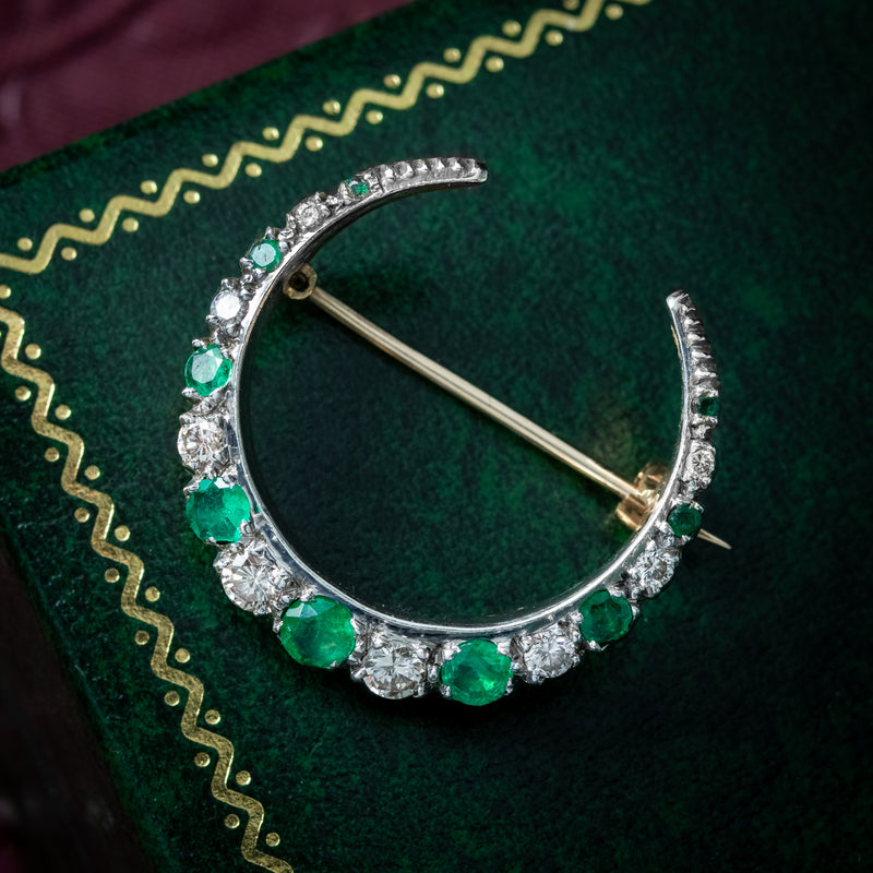 Vintage Emerald Diamond Crescent Moon Brooch 9ct Gold