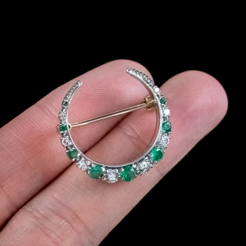 Vintage Emerald Diamond Crescent Moon Brooch 9ct Gold