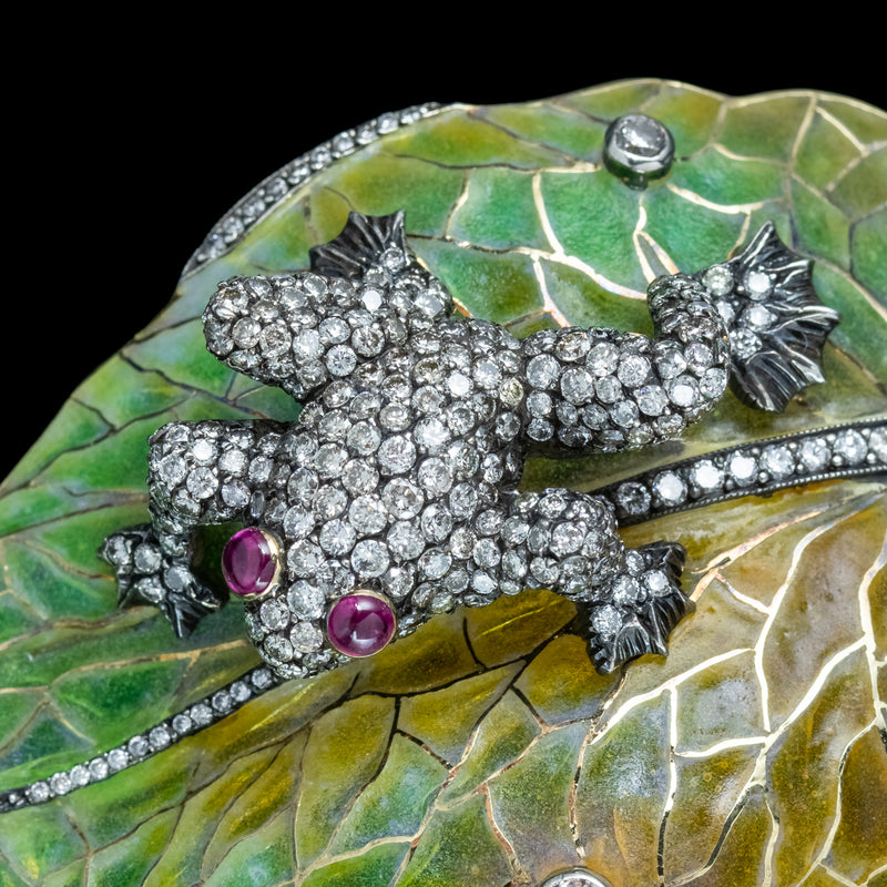 Vintage Moira Plique A Jour Diamond Ruby Frog On Leaf Brooch With Box