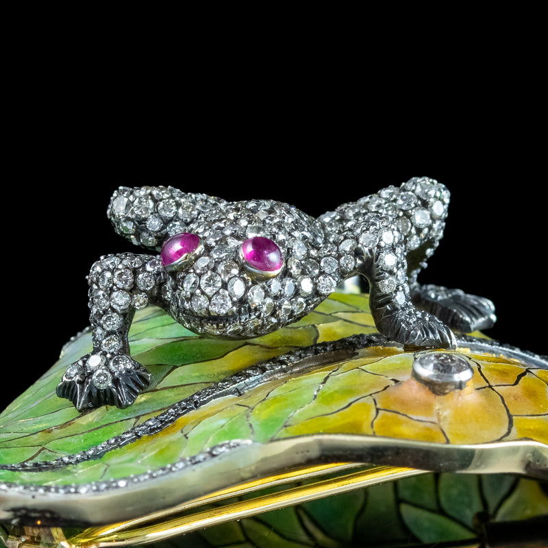 Vintage Moira Plique A Jour Diamond Ruby Frog On Leaf Brooch With Box