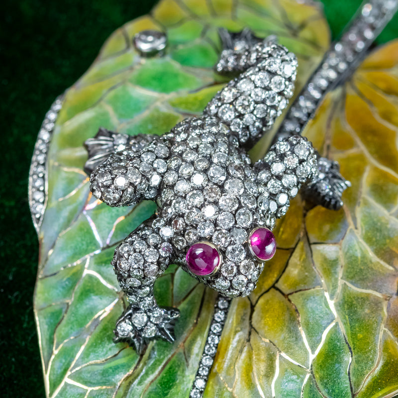 Vintage Moira Plique A Jour Diamond Ruby Frog On Leaf Brooch With Box